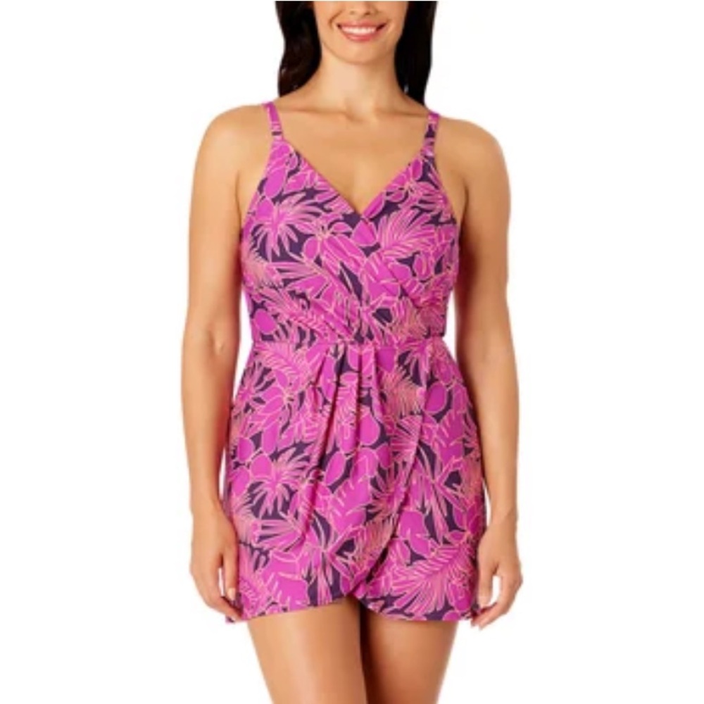 Pink and Purple Tropical Print One Piece Swimsuit by Lands’ End